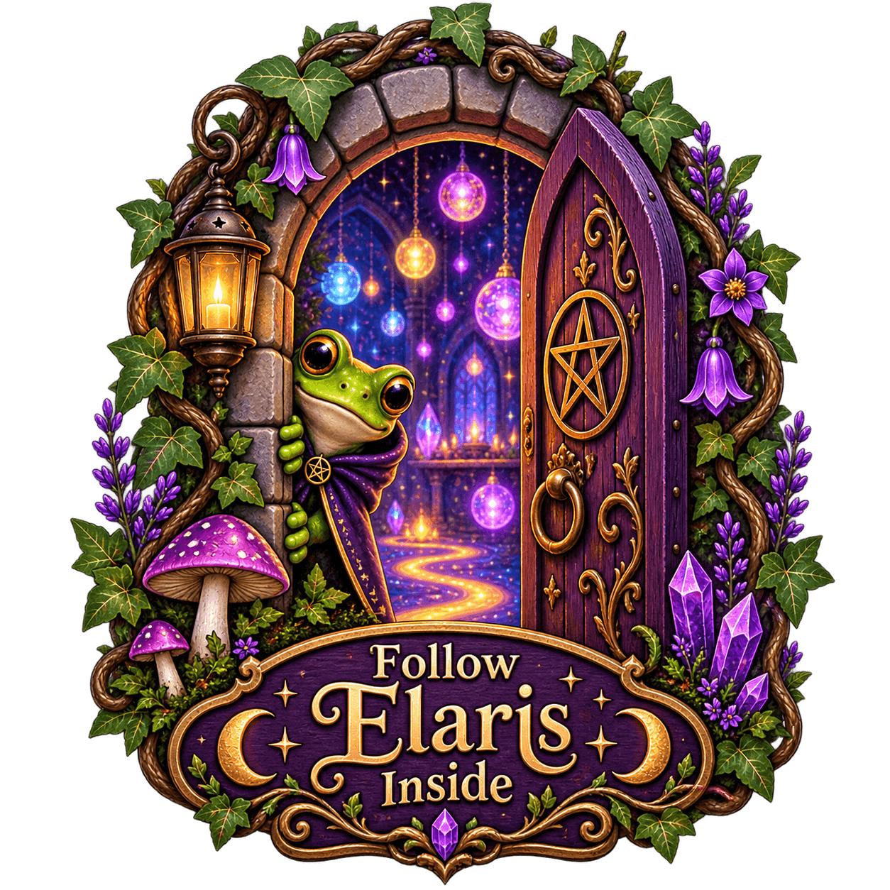 Elaris, an emerald frog in a starry hooded cloak, beckoning you to follow toward the Chamber of Enchanted Orbs.
