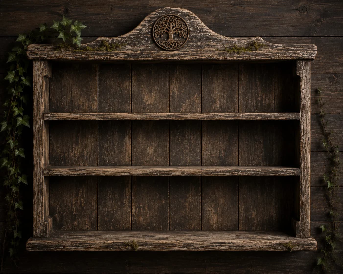A weathered wooden shelf carved with a tree-of-life medallion