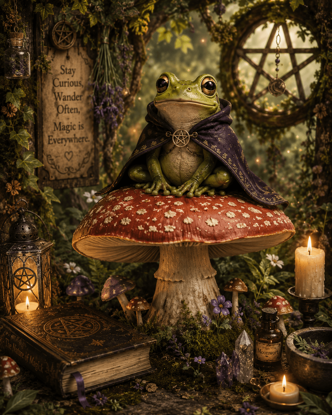 Elaris the emerald frog beside an oversized mushroom in the woods.