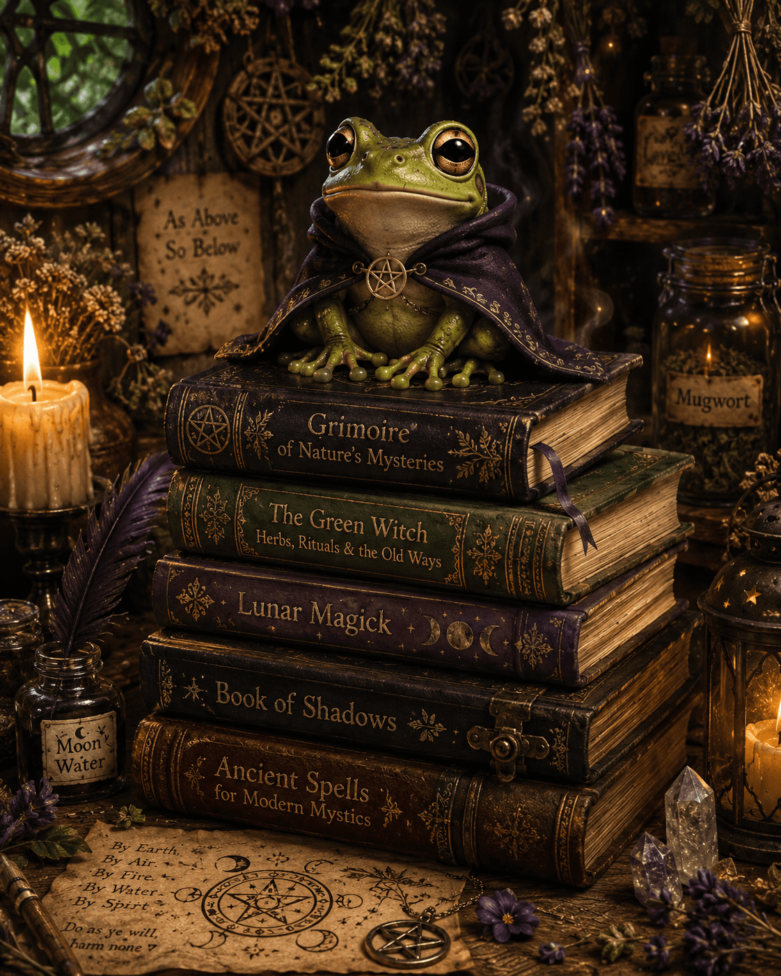 Elaris, an emerald frog in a starry cloak, perched atop a stack of old books.