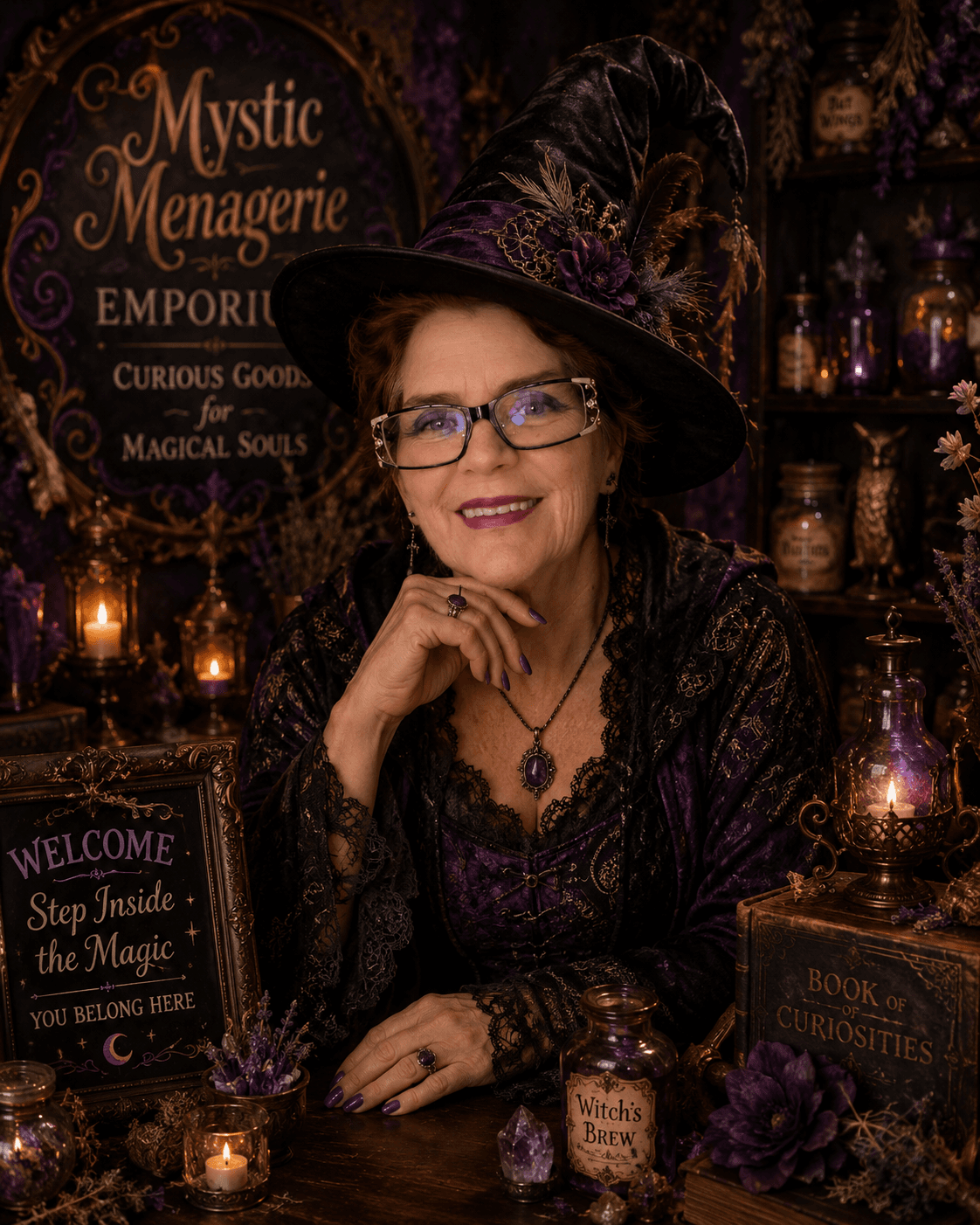 Petrova in full witch regalia in front of the Mystic Menagerie Emporium welcome sign.