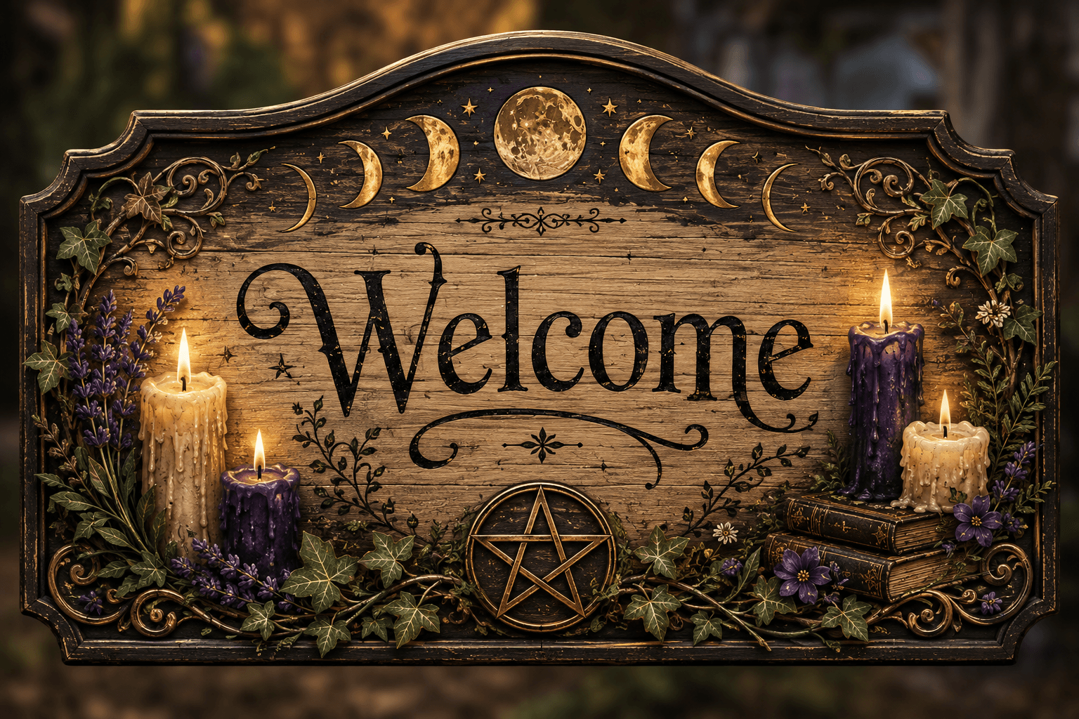A carved wooden welcome sign hung with candles, ivy, lavender, and a brass pentacle, framed by phases of the moon.