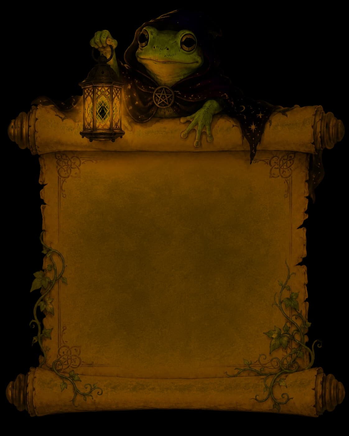 Elaris, an emerald frog in a starry hooded cloak fastened with a pentacle clasp, holding a lit lantern atop an unfurled parchment scroll.