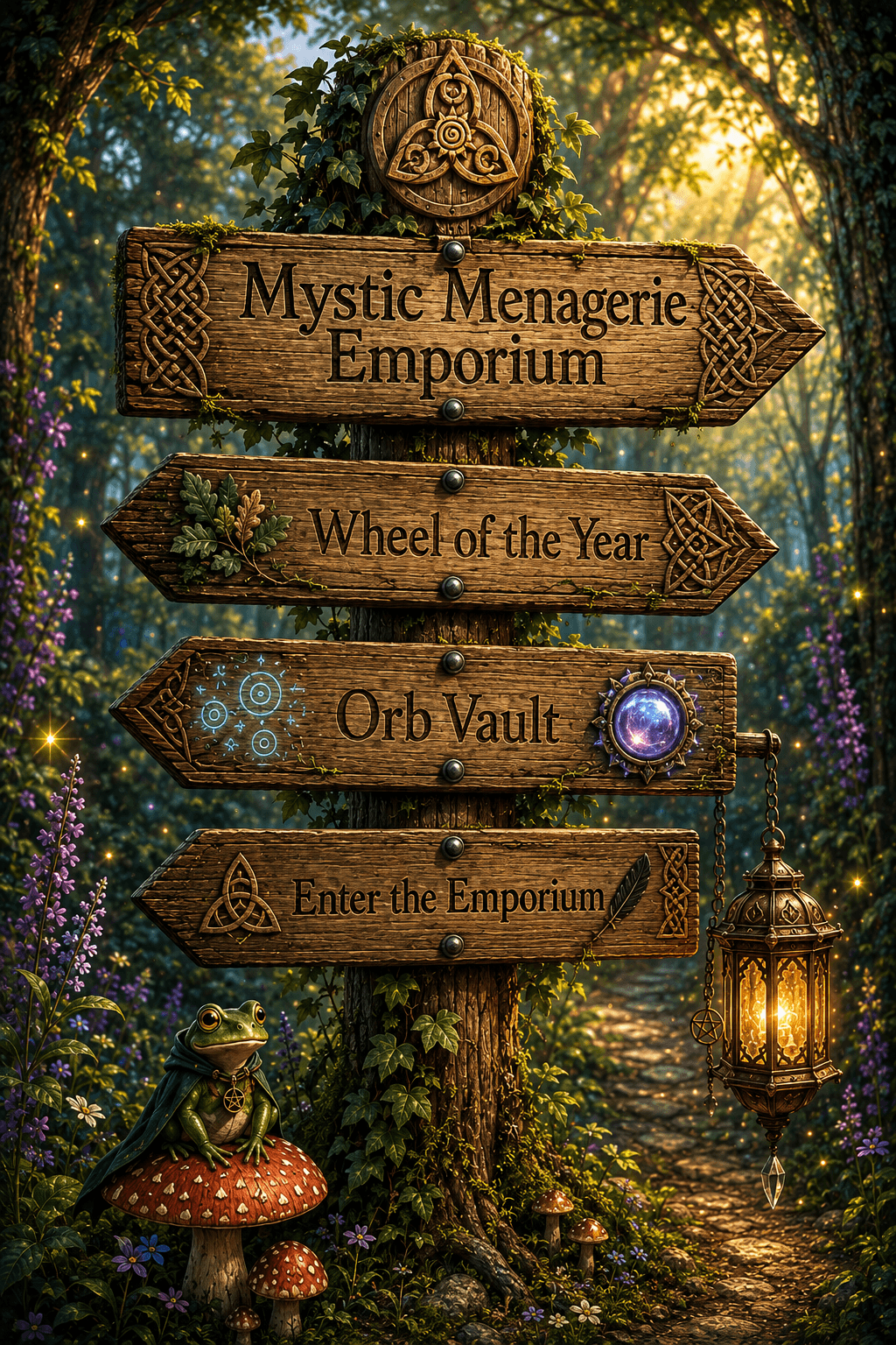 An enchanted woodland signpost leading to the Wheel of the Year, the Orb Vault, and the Emporium.